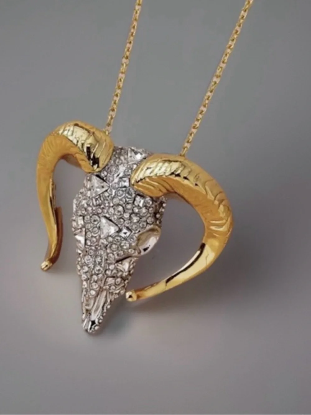 ALEXIS BITTAR Silver Gold Western Crystal Ram Head Skull Horn Necklace